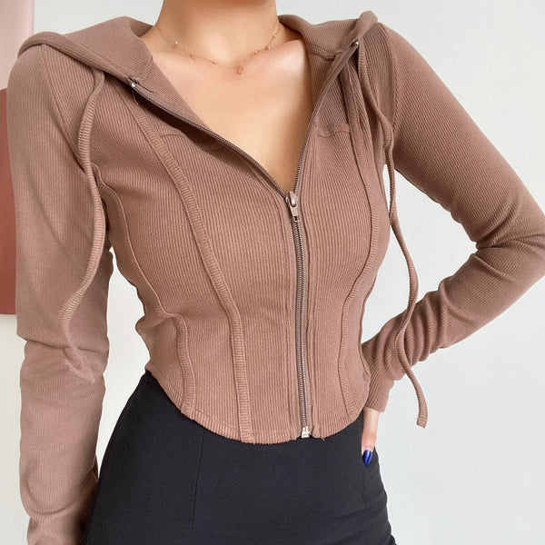 Ribbed Cropped Zip-Front Hooded Sweater