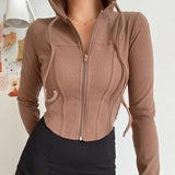 Ribbed Cropped Zip-Front Hooded Sweater