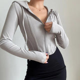 Ribbed Cropped Zip-Front Hooded Sweater