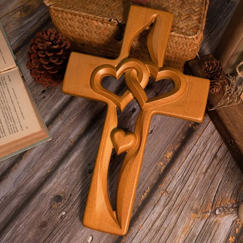 Intertwined Hearts Wooden Cross