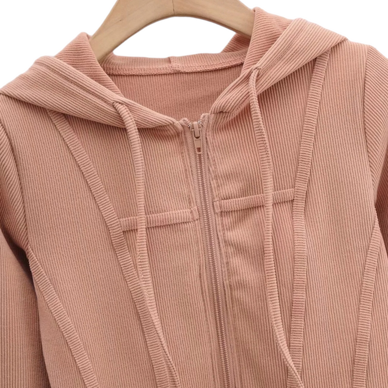 Ribbed Cropped Zip-Front Hooded Sweater