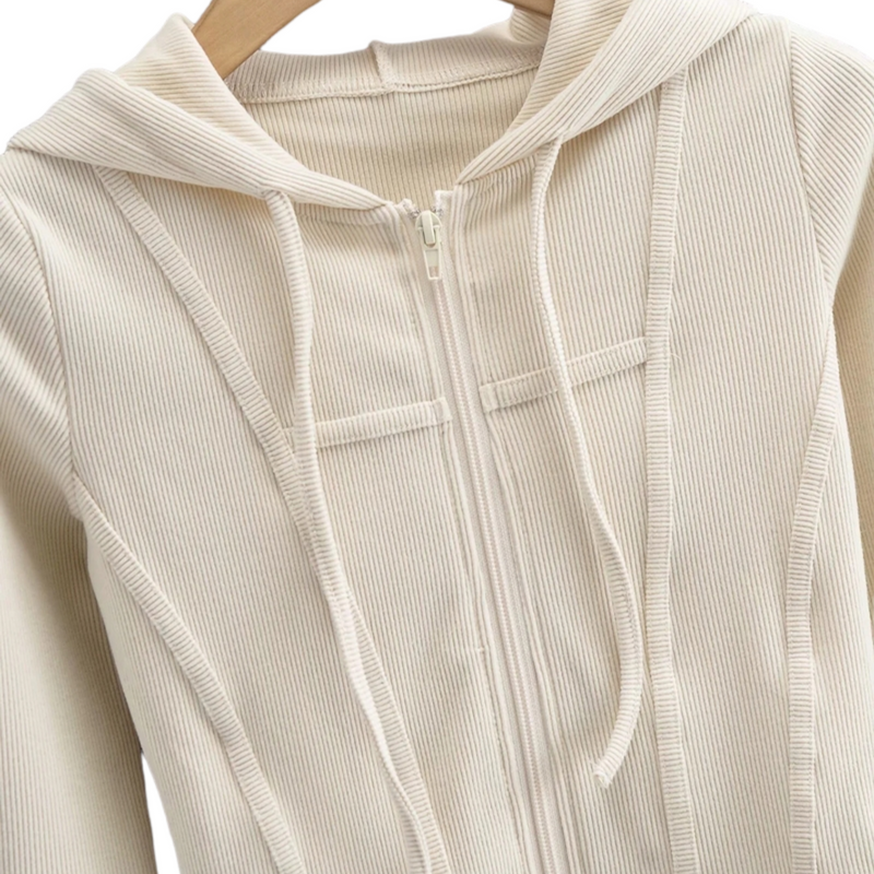 Ribbed Cropped Zip-Front Hooded Sweater