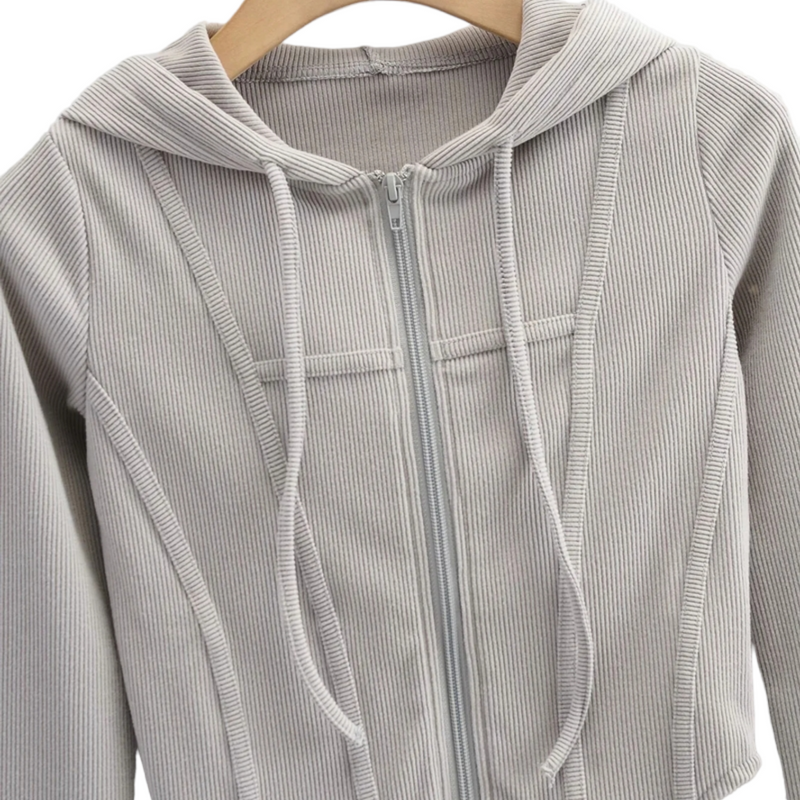 Ribbed Cropped Zip-Front Hooded Sweater