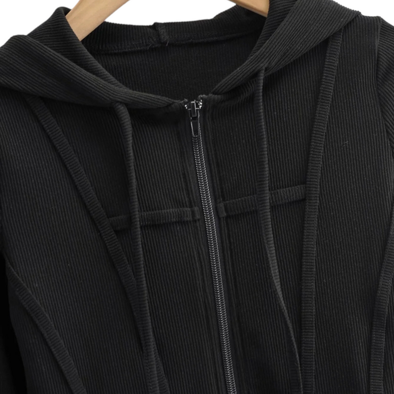 Ribbed Cropped Zip-Front Hooded Sweater