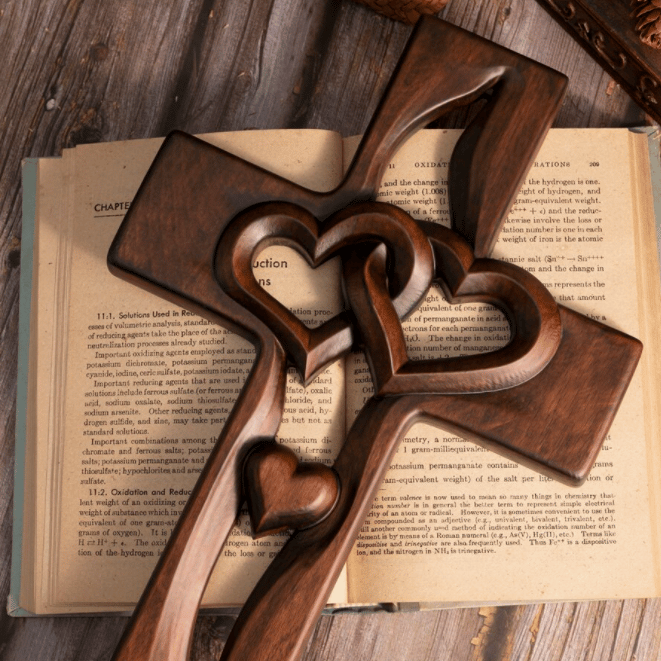 Intertwined Hearts Wooden Cross