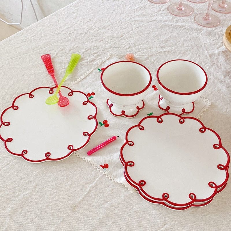 Evelyn - Red Rimmed Plates and Cups