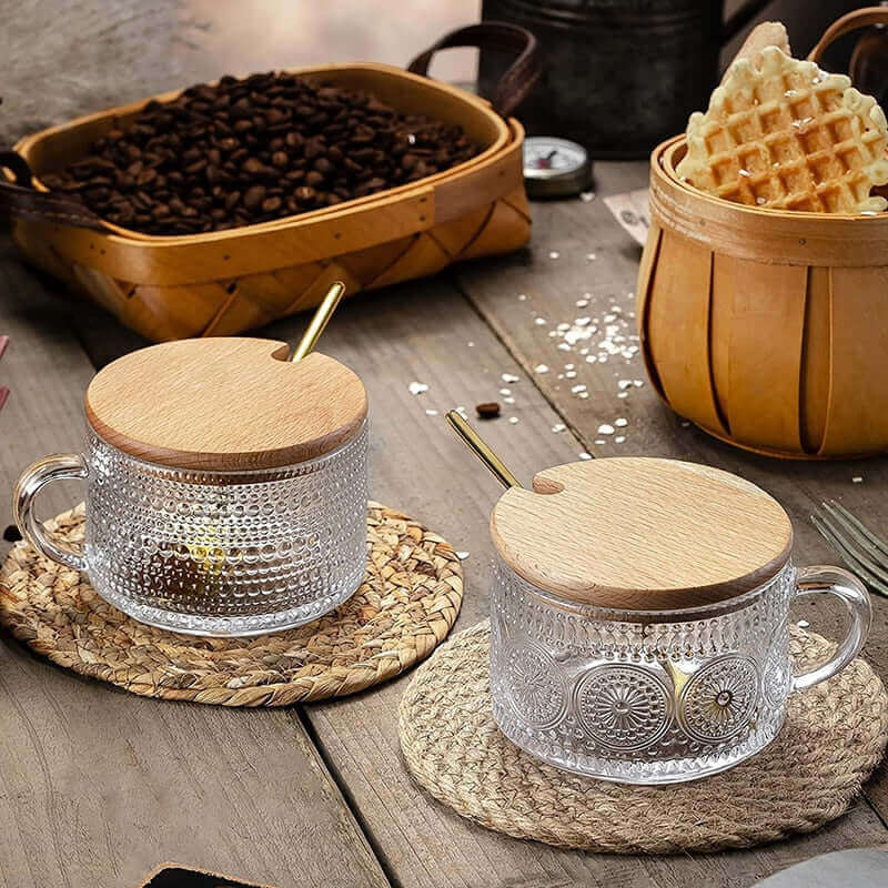 Incredibly Pretty Vintage Embossed Glass Coffee Cup with Lid